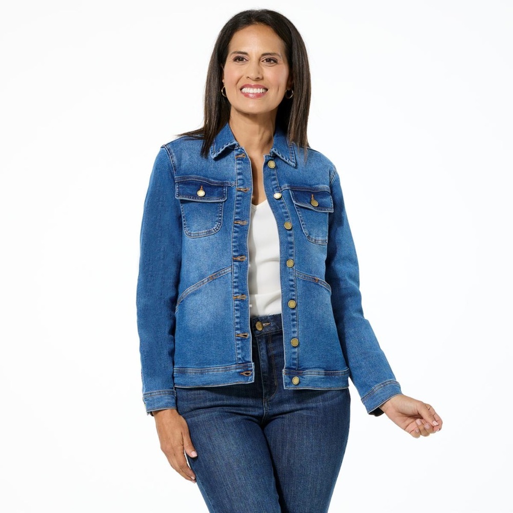 DG2 by Diane Gilman New Classic Stretch Denim Embroidered Back Jacket - Picture 2 of 9
